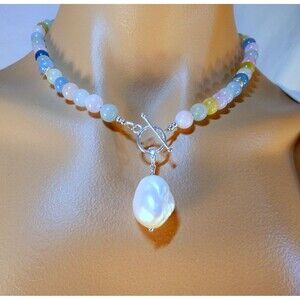 Baroque Pearl Morganite Aquamarine- Beaded  Sterling Silver Necklace Convertible
